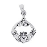 Silver Claddagh pendant with triquetra trinity knot on a white background